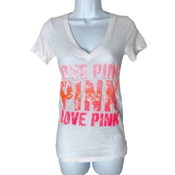 Pink Victoria’s Secret Sequin Letter T-shirt Short sleeve Y2K 2000s White XS - Picture 2 of 12